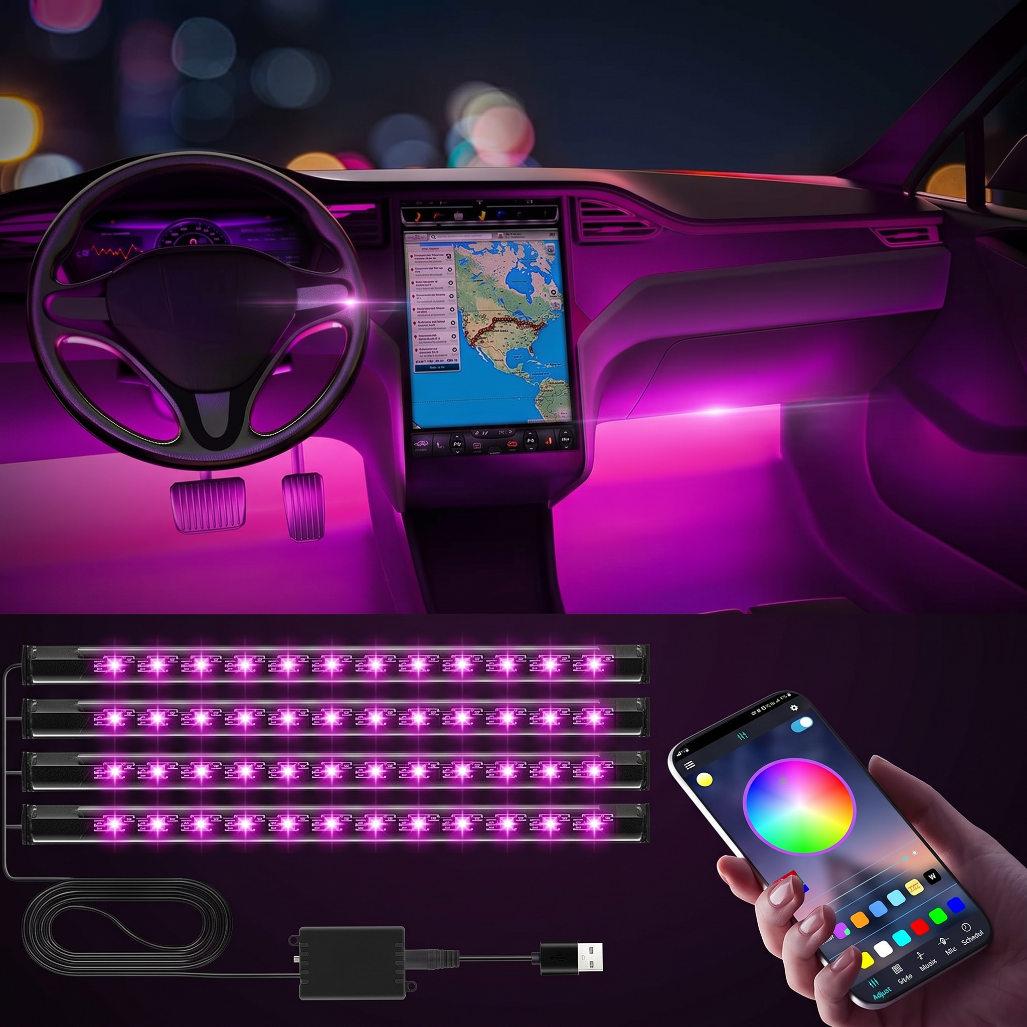RGB Car Interior Lights – App Control, Music Sync & DIY Colors